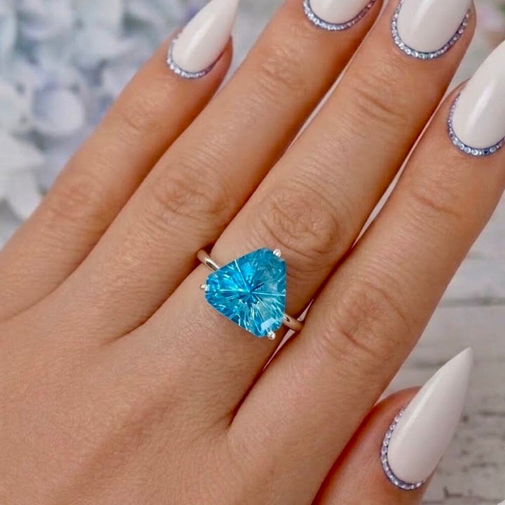 Blue Topaz Trillion Statement Ring | Solid 925 Silver •| Sz 9